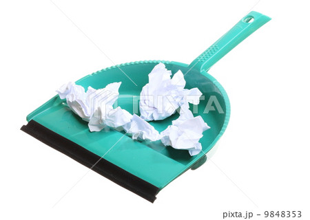 Cleaning. Green dustpan with garbage papers, housework 9848353