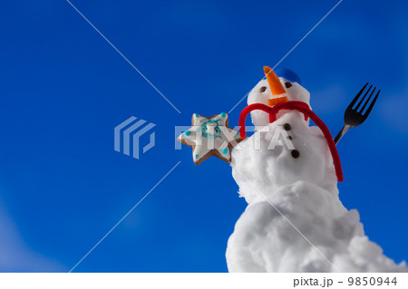 Little happy christmas snowman with cookie star outdoor. Winter season. 9850944