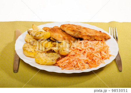 Dinner meal. Fried chicken roasted potatos and carrot salad. Dinner meal. Fried chicken roasted potatos and carrot salad. 9853051