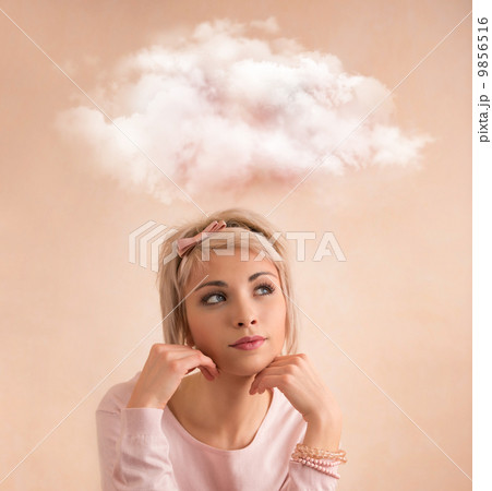 Close up of young woman looking away with thought bubble above h Close up of young woman looking away with thought bubble above h 9856516