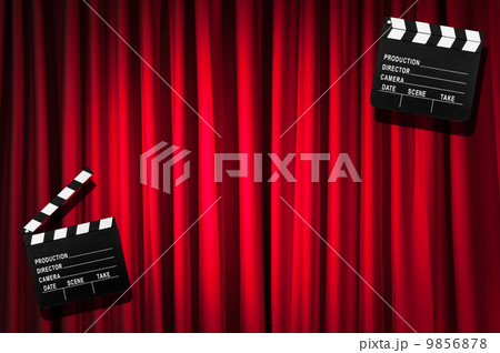 Movie clapper board against curtain Movie clapper board against curtain 9856878