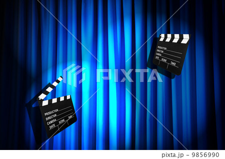 Movie clapper board against curtain Movie clapper board against curtain 9856990