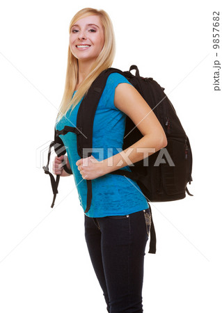 Portrait casual blond smiling girl female student with bag backpack isolated Portrait casual blond smiling girl female student with bag backpack isolated 9857682