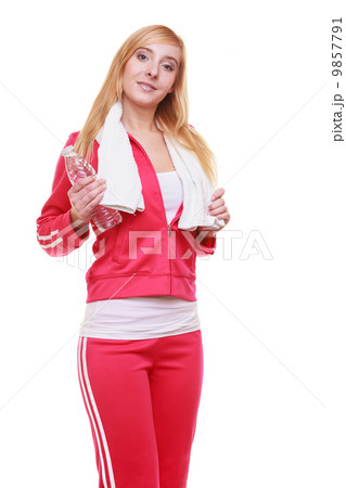 Fitness woman sport girl with towel and water bottle isolated 9857791