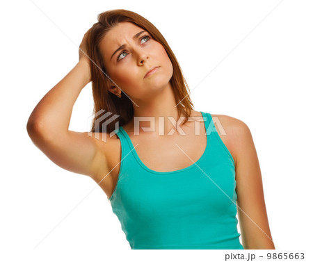 girl looking up frowning thinks woman women's thinking isolated 9865663
