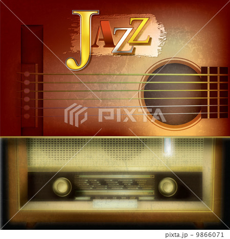 Abstract background with acoustic guitar and retro radio 9866071
