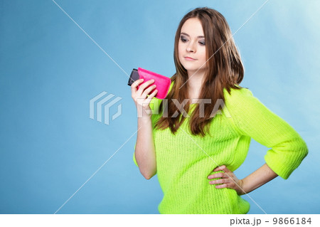 Happy girl with mobile phone in pink cover Happy girl with mobile phone in pink cover 9866184