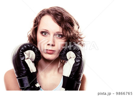 Sport boxer woman in black gloves. Fitness girl training kick boxing. 9866765