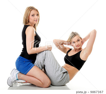 Two women doing fitness exercise isolated 9867367