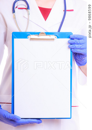 Part female body in lab coat. Doctor nurse with blank clipboard 9868599