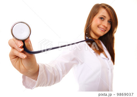 Female doctor or nurse holding stethoscope. 9869037
