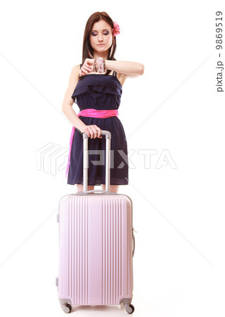 Young summer girl with travel suitcase isolated 9869519
