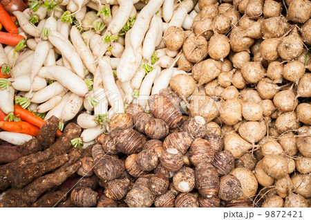Fresh organic vegetables and fruits at asian food market Fresh organic vegetables and fruits at asian food market 9872421