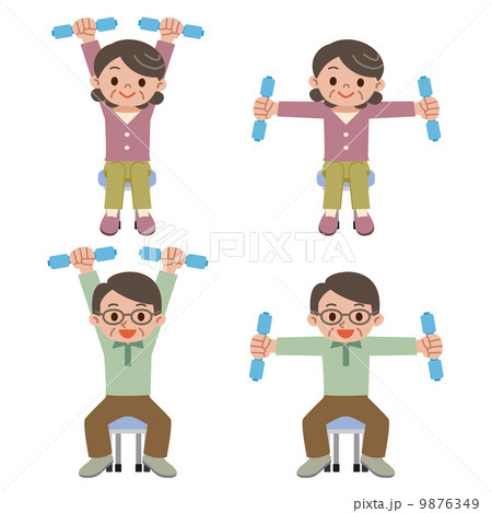 ダンベル体操をするシニア夫婦 ダンベル体操をするシニア夫婦 9876349