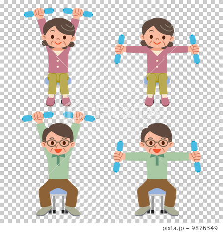 ダンベル体操をするシニア夫婦 ダンベル体操をするシニア夫婦 9876349