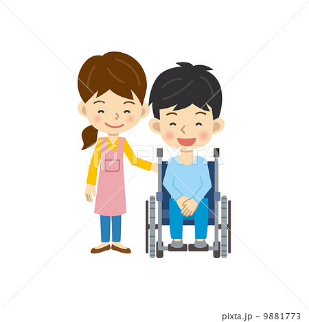 車椅子の男性と従業員の女性のイラスト素材