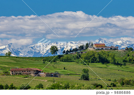 Green fields and mountains in Piedmont, Italy. 9886886
