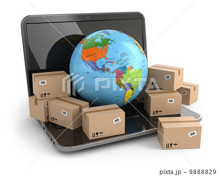World wide delivering. Earth and boxes on laptop. 9888829