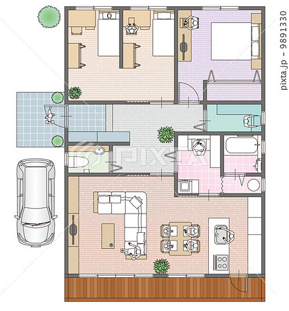 一戸建て住宅の見取り図と家具の配置のイラスト素材