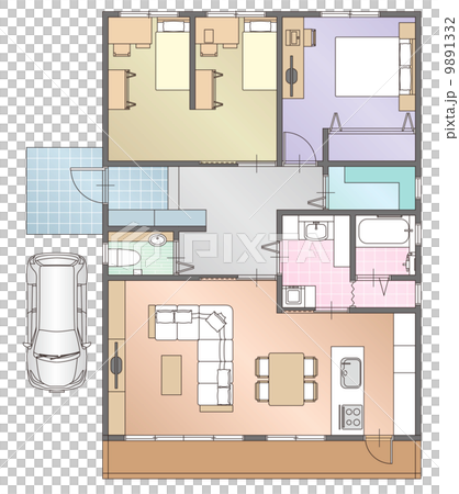 一戸建て住宅の見取り図と家具の配置 一戸建て住宅の見取り図と家具の配置 9891332