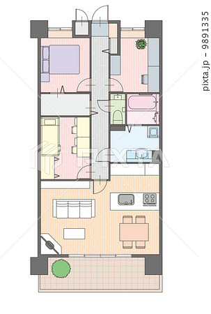 3ｌｄｋマンションの見取り図と家具の配置のイラスト素材