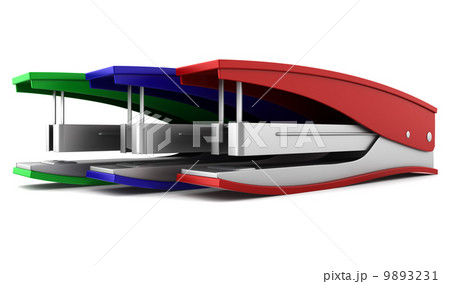 three color staplers isolated on white background 9893231