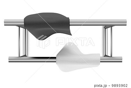 top view of two towels on standing hanger isolated on white back 9893902