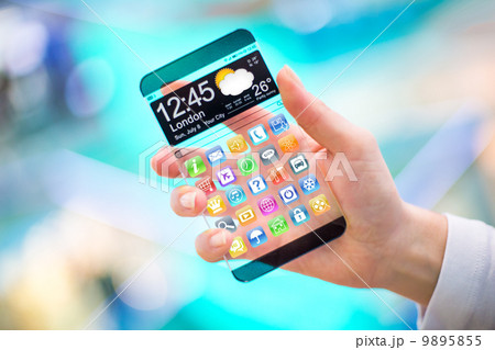 Smartphone with transparent screen in human hands. Smartphone with transparent screen in human hands. 9895855