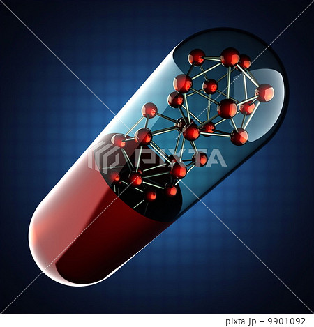 Transparent capsule on blue background Transparent capsule on blue background 9901092