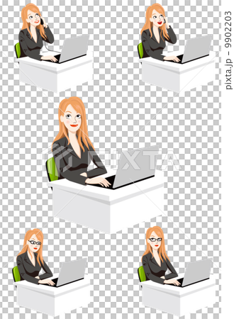机でパソコンを操作しながら5つのポーズをとる女性のビジネスシーン 9902203