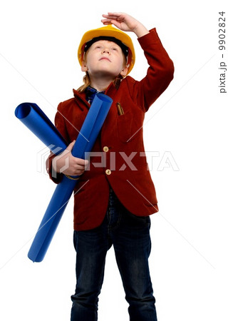 Little boy with plans and toolbox playing engineer role 9902824
