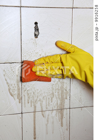 Cleaning of dirty old tiles in a bathroom 9916258