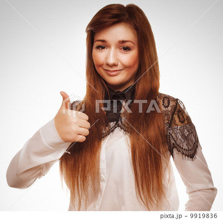 woman young emotion brunette girl shows sign positive so fingers 9919836