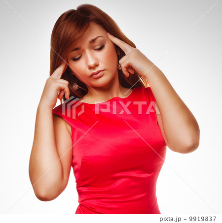 woman young under stress headache migraine pain isolated on whit 9919837