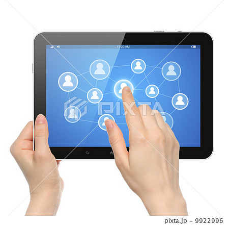Woman hands hold and touch social media button on tablet PC . Woman hands hold and touch social media button on tablet PC . 9922996