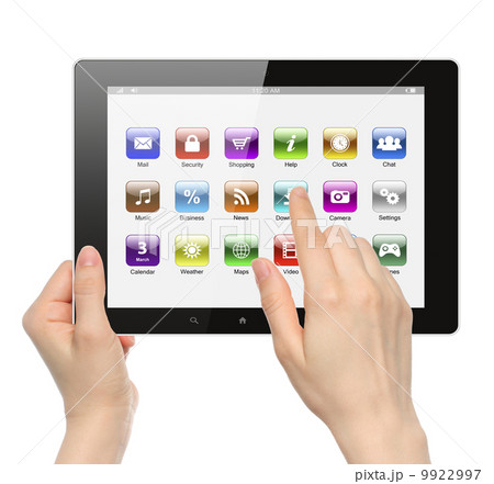 Woman hands hold and touch icon on tablet PC. 9922997