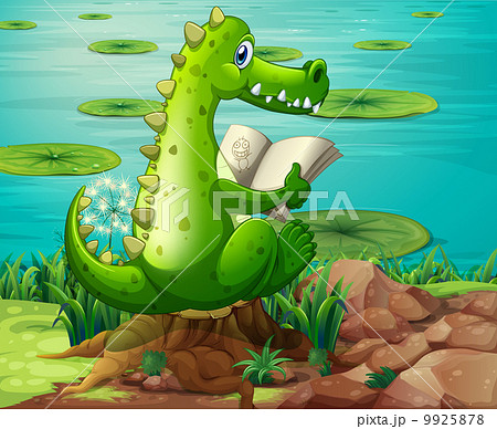 A crocodile reading near the pond A crocodile reading near the pond 9925878