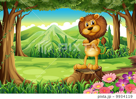 An angry lion standing above the stump at the forest 9934119