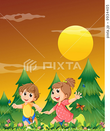 Two kids playing at the garden with the butterflies 9934405