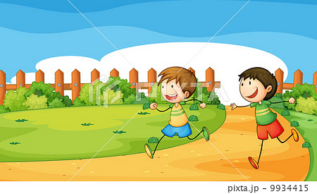 Two boys playing inside the wooden fence Two boys playing inside the wooden fence 9934415