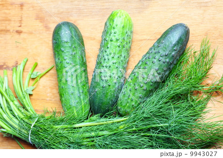 bunch fresh dill and cucumbers on wooden table 9943027