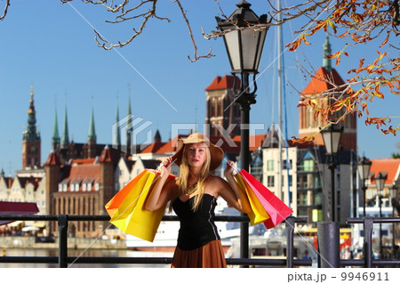 Stylish shopper woman in old town Gdansk 9946911