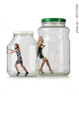 Woman in glass jar isolated on white Woman in glass jar isolated on white 9951080