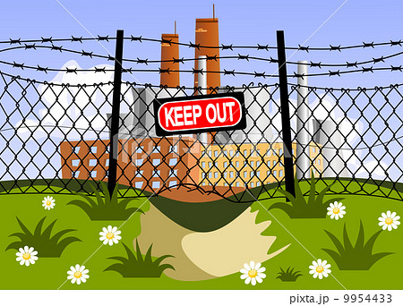 Factory and wire fence with barbed wires. Factory and wire fence with barbed wires. 9954433