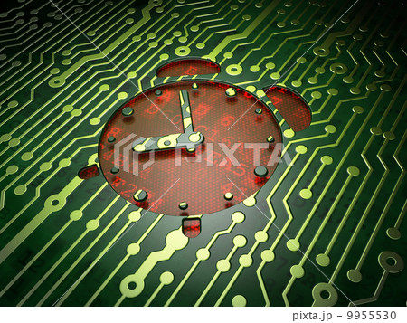Timeline concept: Alarm Clock on circuit board background Timeline concept: Alarm Clock on circuit board background 9955530