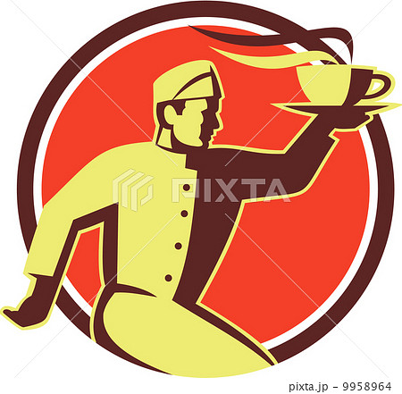 Waiter Serving Coffee Cup Retro Waiter Serving Coffee Cup Retro 9958964