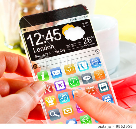 Smartphone with transparent screen in human hands. 9962959