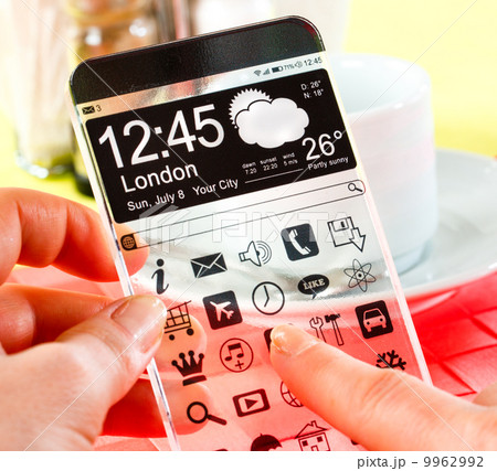 Smartphone with transparent screen in human hands. 9962992