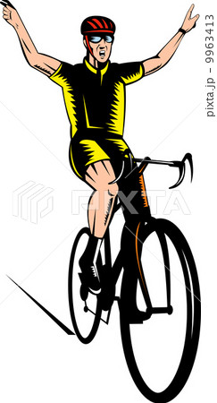 cyclist riding bicycle flashing victory sign cyclist riding bicycle flashing victory sign 9963413