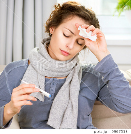 Sick Woman with Thermometer. Headache 9967553